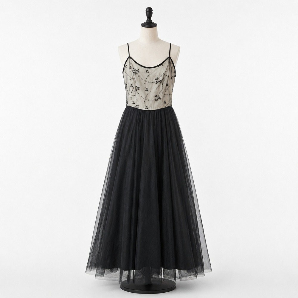 VTG Y2K Beaded Tulle Maxi Dress Black Fairy Goth Gown A line Puffy NWT Sz 5/6